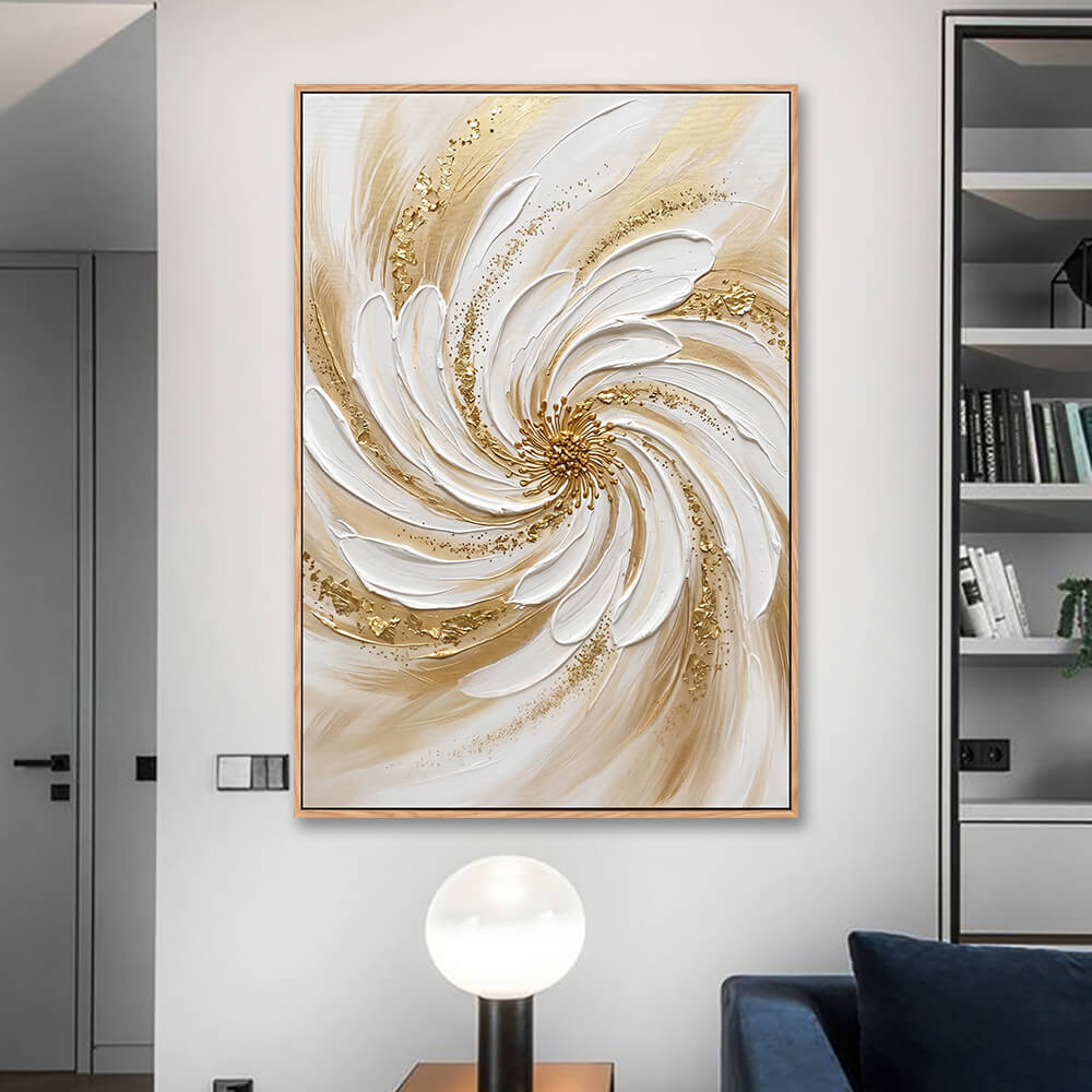 Cream & gold abstract floral canvas hung above sofa for living room styling
