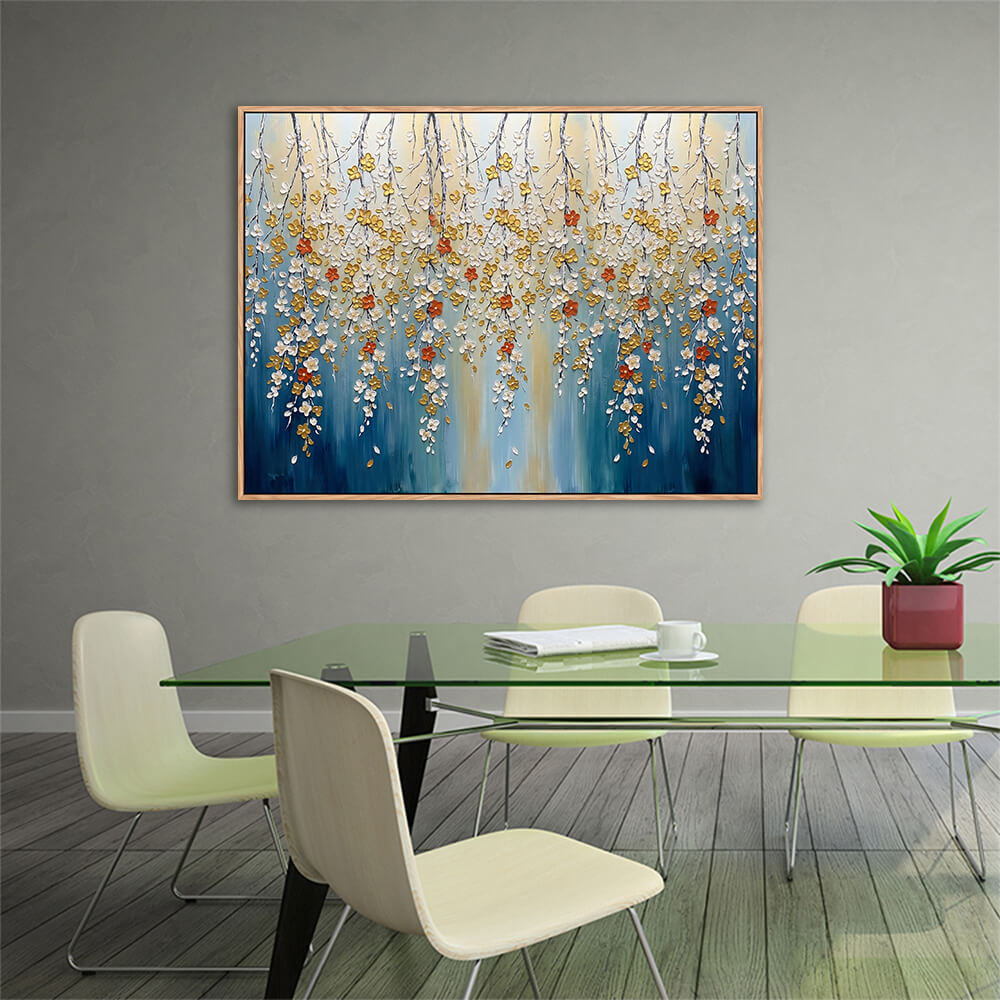 Contemporary dining room interior, framed blue gradient floral canvas, vertical twig trailing blossom wall art above glass dining table