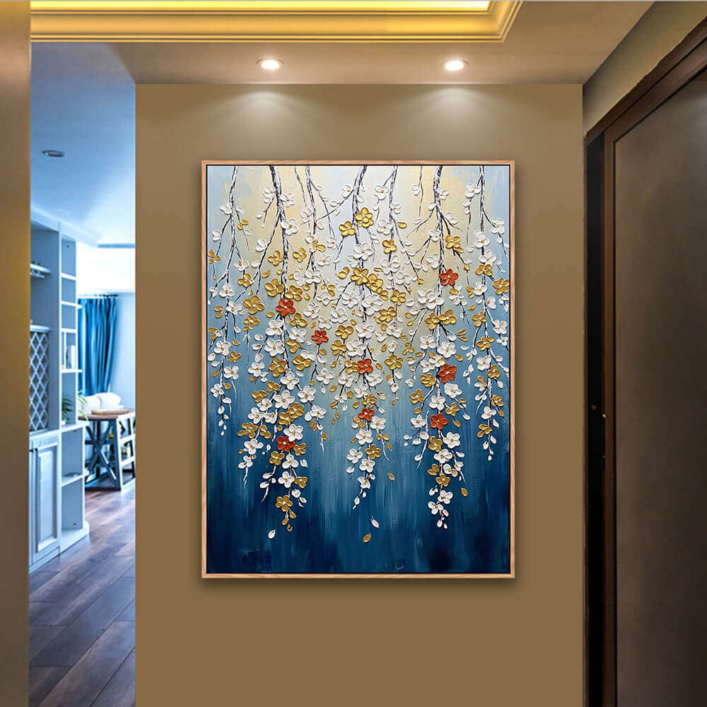 Indoor entryway hallway display, vertical luxury hanging floral hand painting, dimensional thick texture white and gold cascading flowers