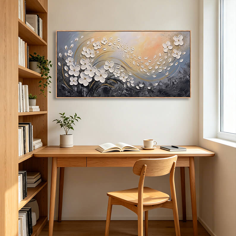 Wide horizontal modern fluid artwork featuring sculptural white blooms and a glowing golden wind stream of floating petals.