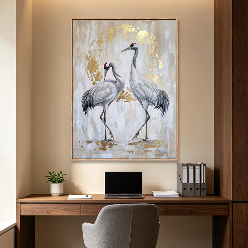 Hand painted vertical crane bird painting with gold leaf halo, two red-crowned cranes on textured beige background, elegant Asian-inspired luxury artwork
