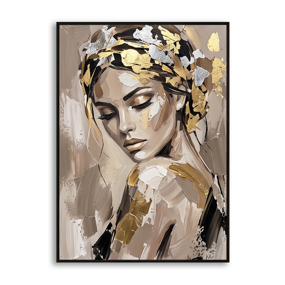 Close-up view of a hand-painted canvas depicting a woman's face with textured brushwork and metallic gold leaf details.