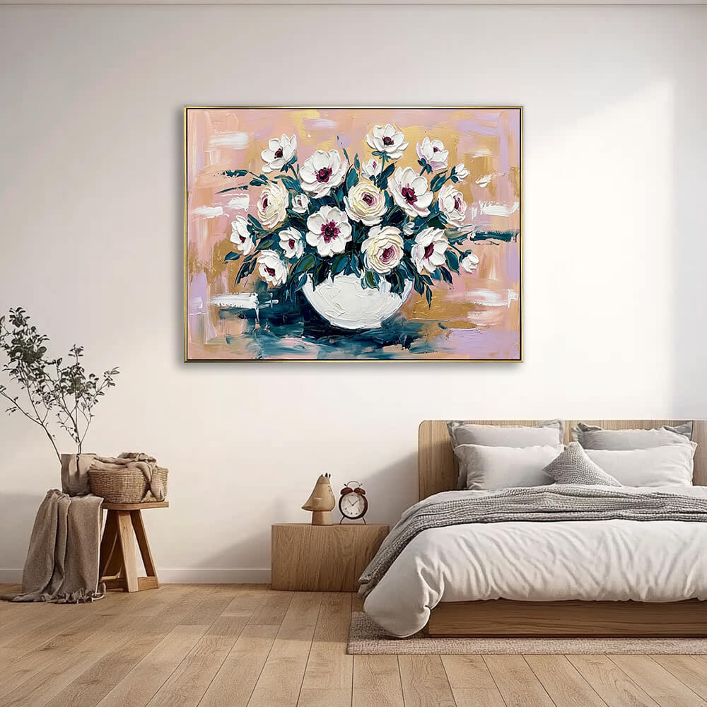 Hand-painted peony rose canvas artwork above light wood bed frame, calm neutral bedroom with warm natural light
