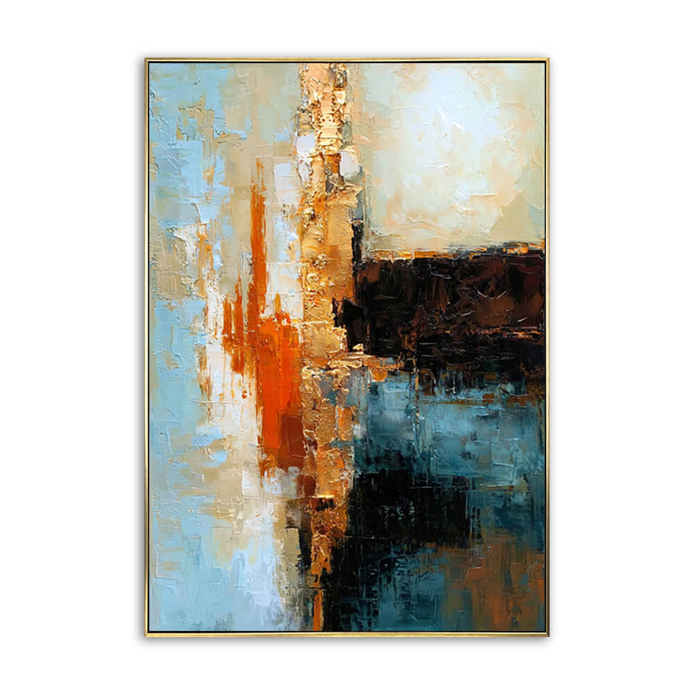 Vertical hand-painted abstract canvas, heavy impasto palette knife texture, sky blue burnt orange metallic gold dark teal thick textured painting