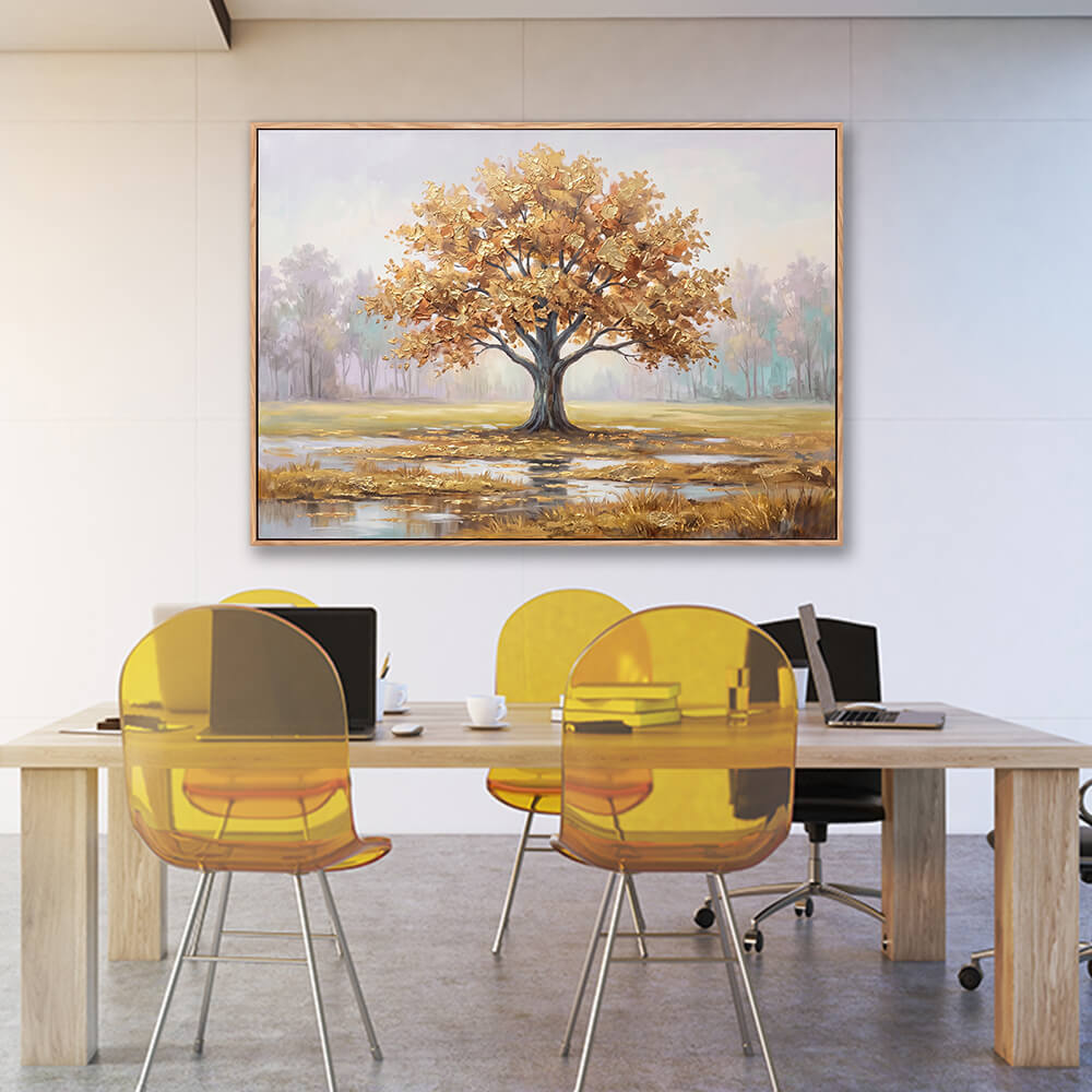Golden Tree of Life misty landscape painting in contemporary office interior