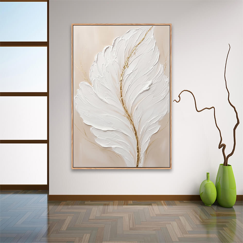 Neutral beige luxury feather canvas decorating hallway next to table lamp and cabinetry