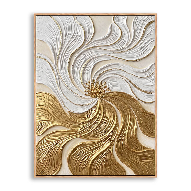 Vertical hand painted canvas featuring swirling abstract flower, white upper petals and gold lower petals with golden center, heavy 3D impasto texture on cream background, elegant abstract artwork