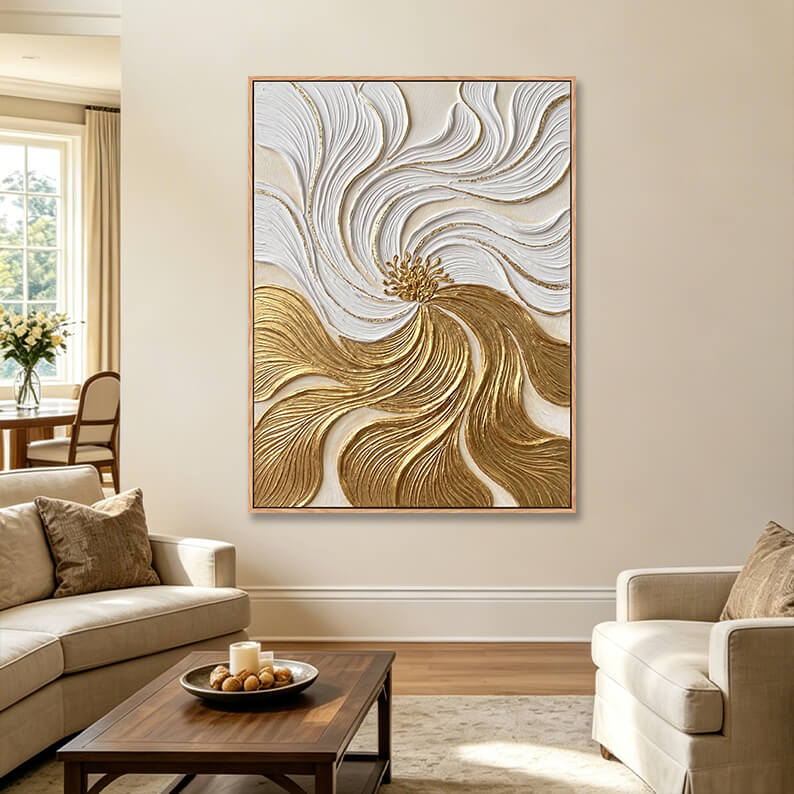 Vertical hand painted canvas in elegant living room, 3D abstract flower painting with white and gold impasto texture above cream sofa, luxury home decoration