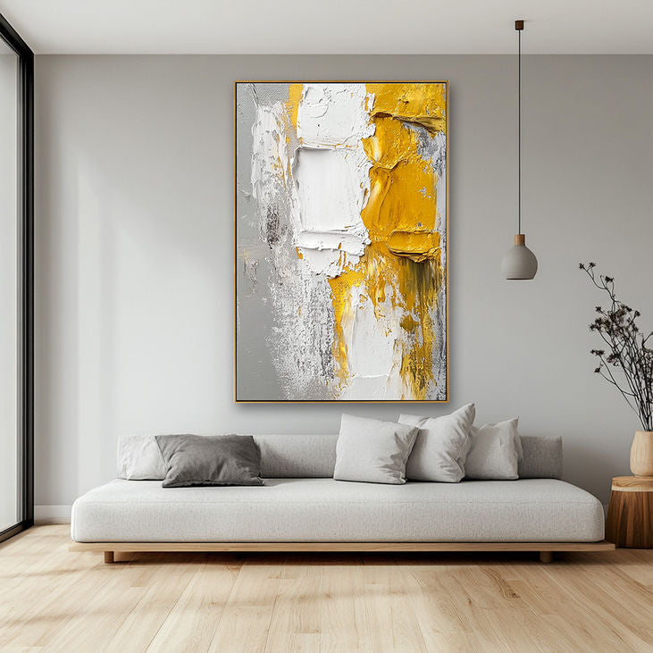 Abstract Canvas Art: Modern Yellow and White #YX193