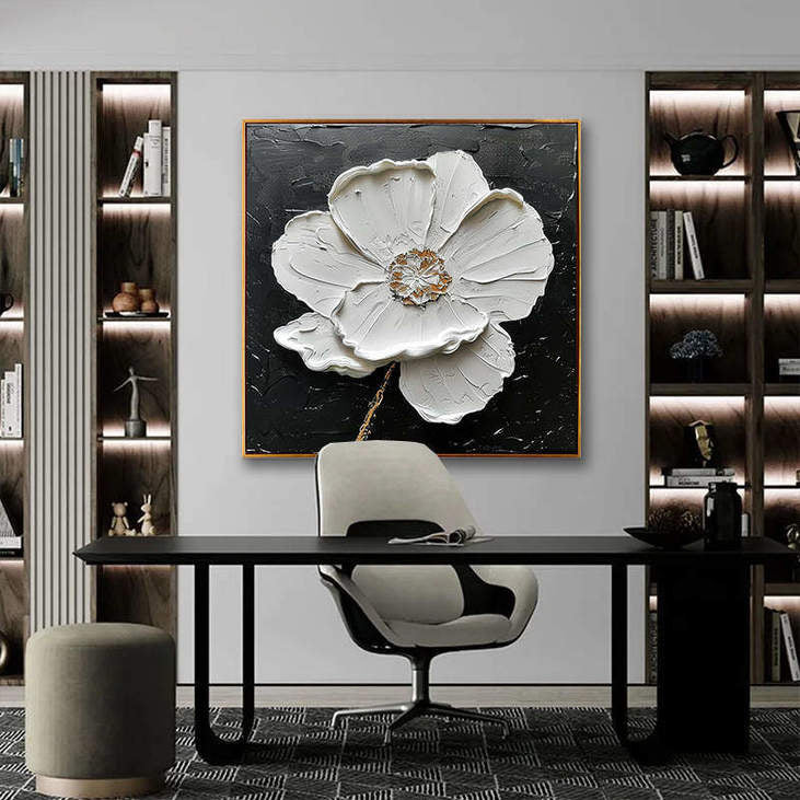 Minimalist White Poppy Impasto Painting #VA305