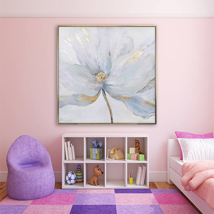 Hand Painted Blue Floral Canvas Wall Art with Gold Accents #YX294