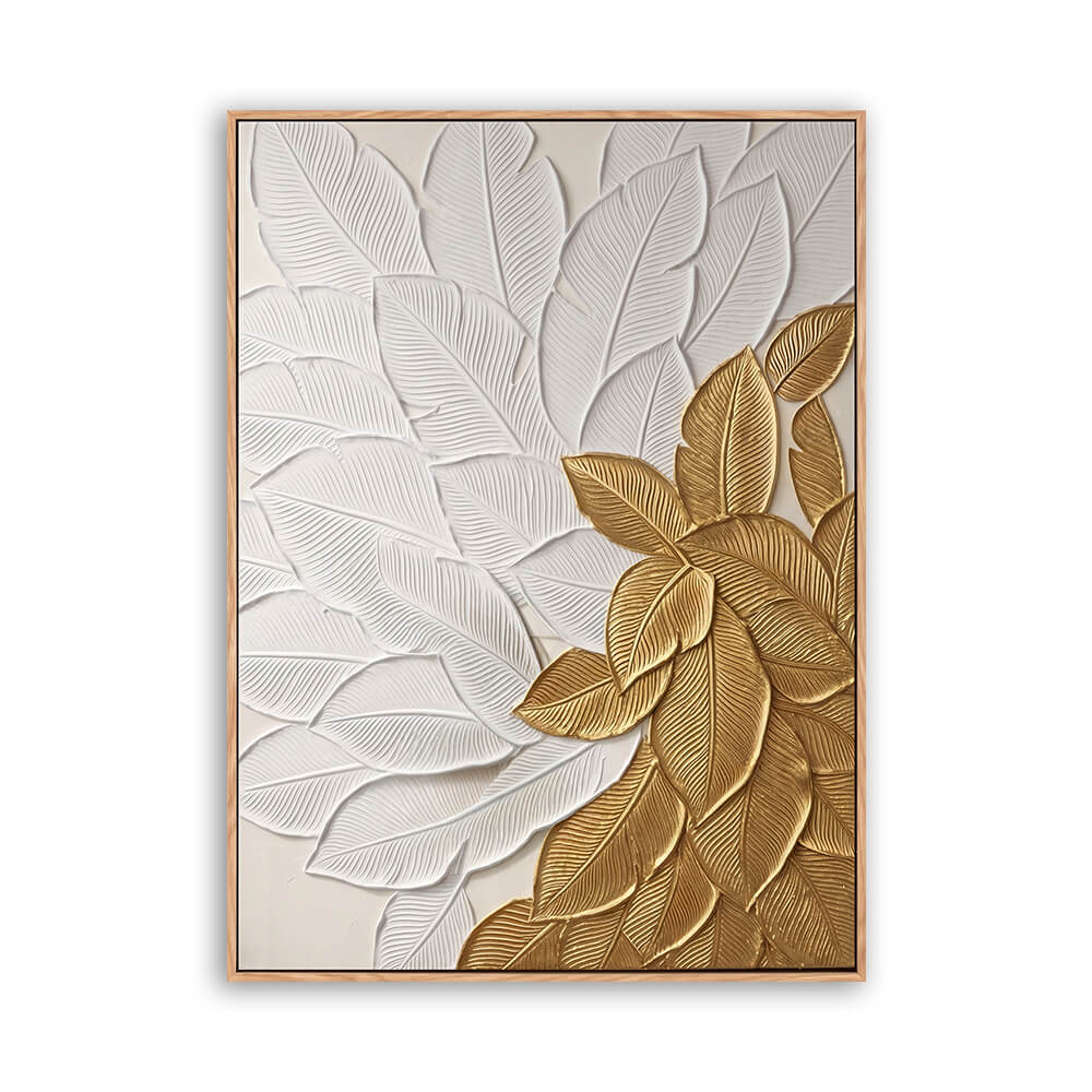 1. Vertical hand-painted abstract canvas, textured impasto two-tone banana leaves, white foliage paired with metallic golden tropical leaves, cream neutral backdrop, soft layered brushwork