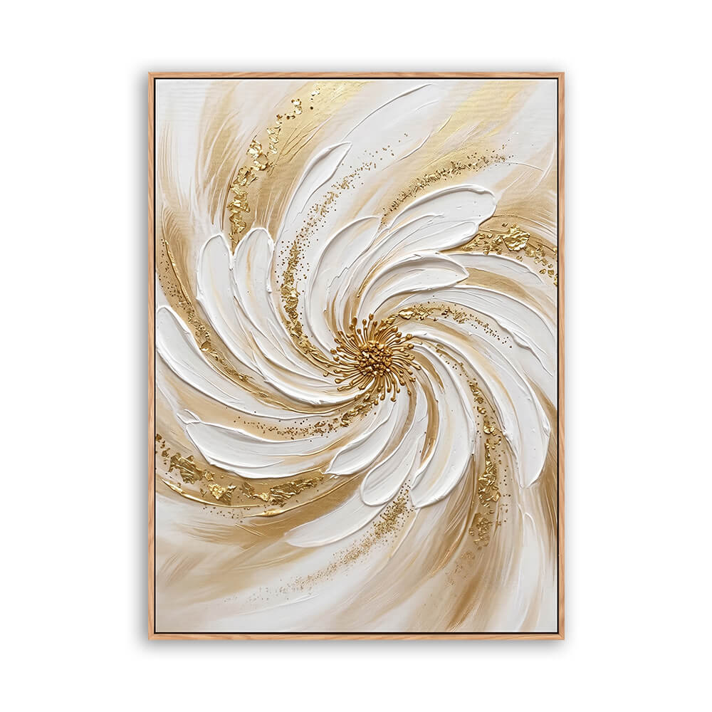 Vertical hand painted abstract canvas, textured spiral white flower with gold leaf detail, cream background, soft layered brushwork