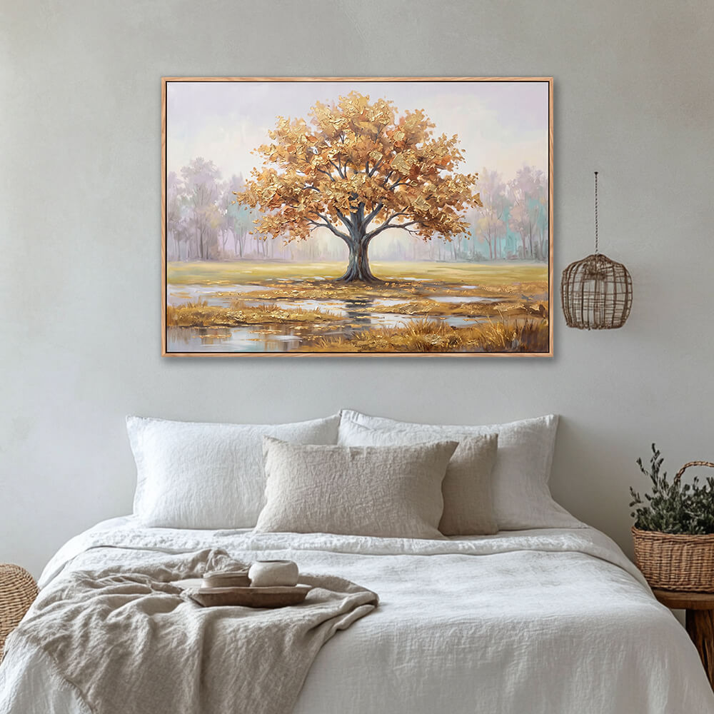 Golden Tree of Life misty landscape wall art above bed in cozy neutral bedroom