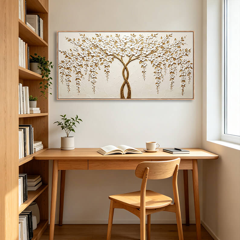Original hand painted intertwined trees painting, abundant textured white flowers with heavy impasto paint, symbolic tree of life artwork for contemporary interiors