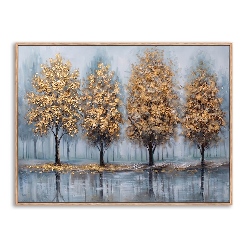 Hand painted four golden trees in misty blue forest landscape with textured 3D leaves