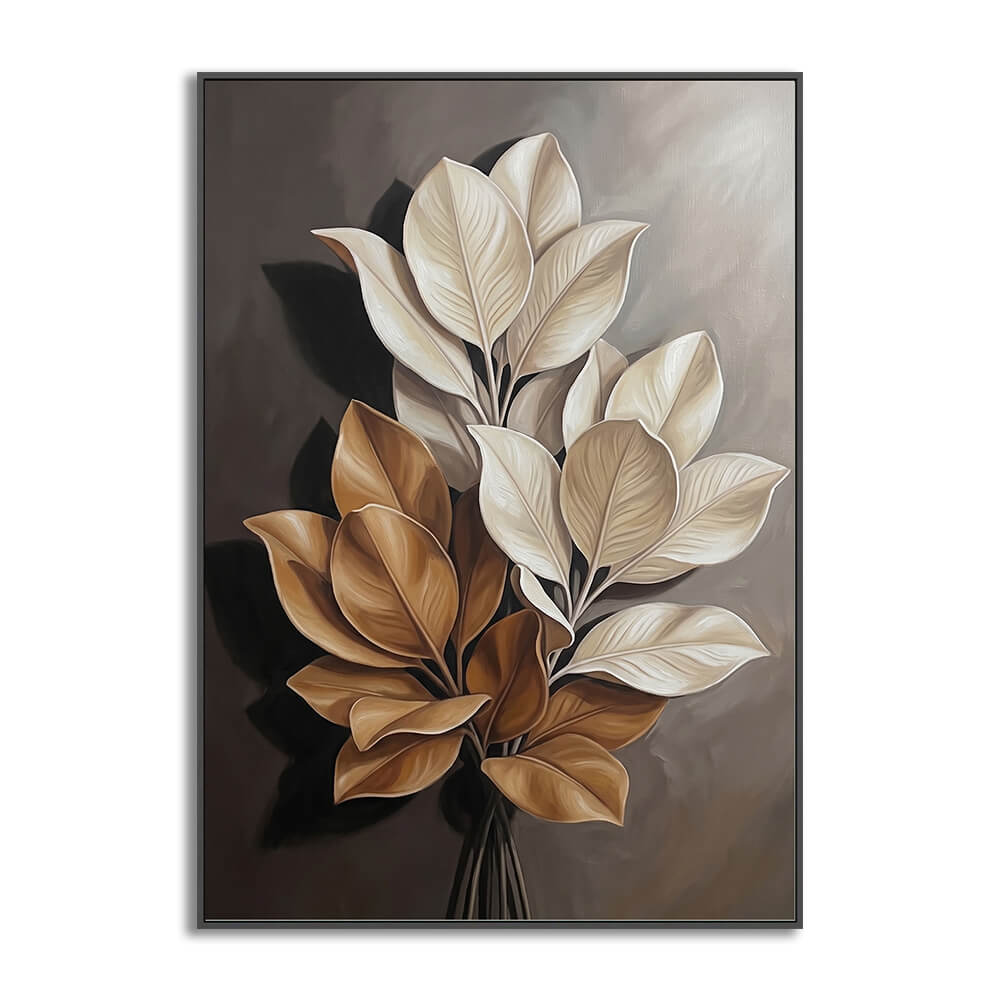 Close-up detail of a modern botanical abstract oil painting featuring smooth foliage brushwork on hand-painted canvas.