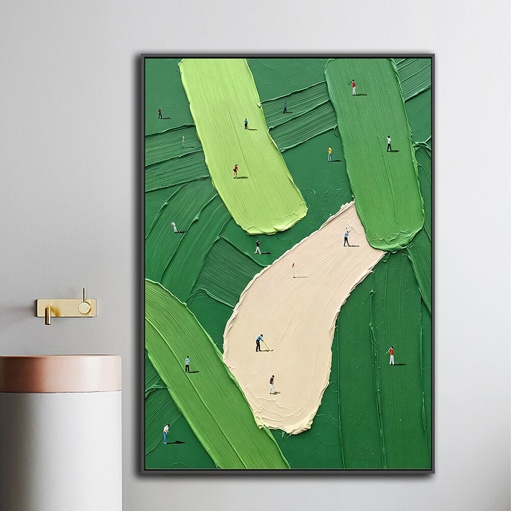 Framed golf course aerial hand painting mounted on hallway wall beside modern accent furniture