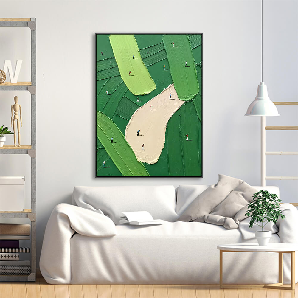 Green golf landscape hand artwork above soft linen sofa for casual living room styling