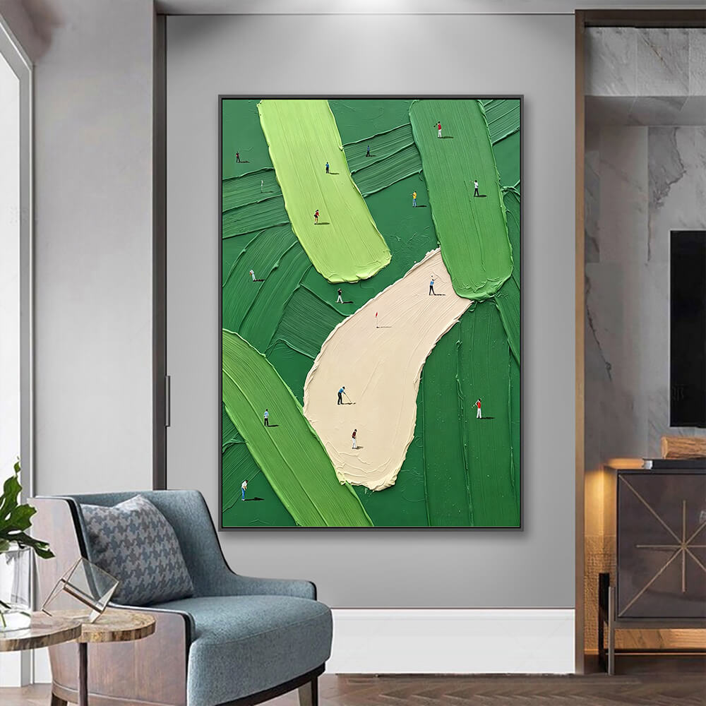 Vertical golf course canvas displayed inside bright residential entryway with wood flooring