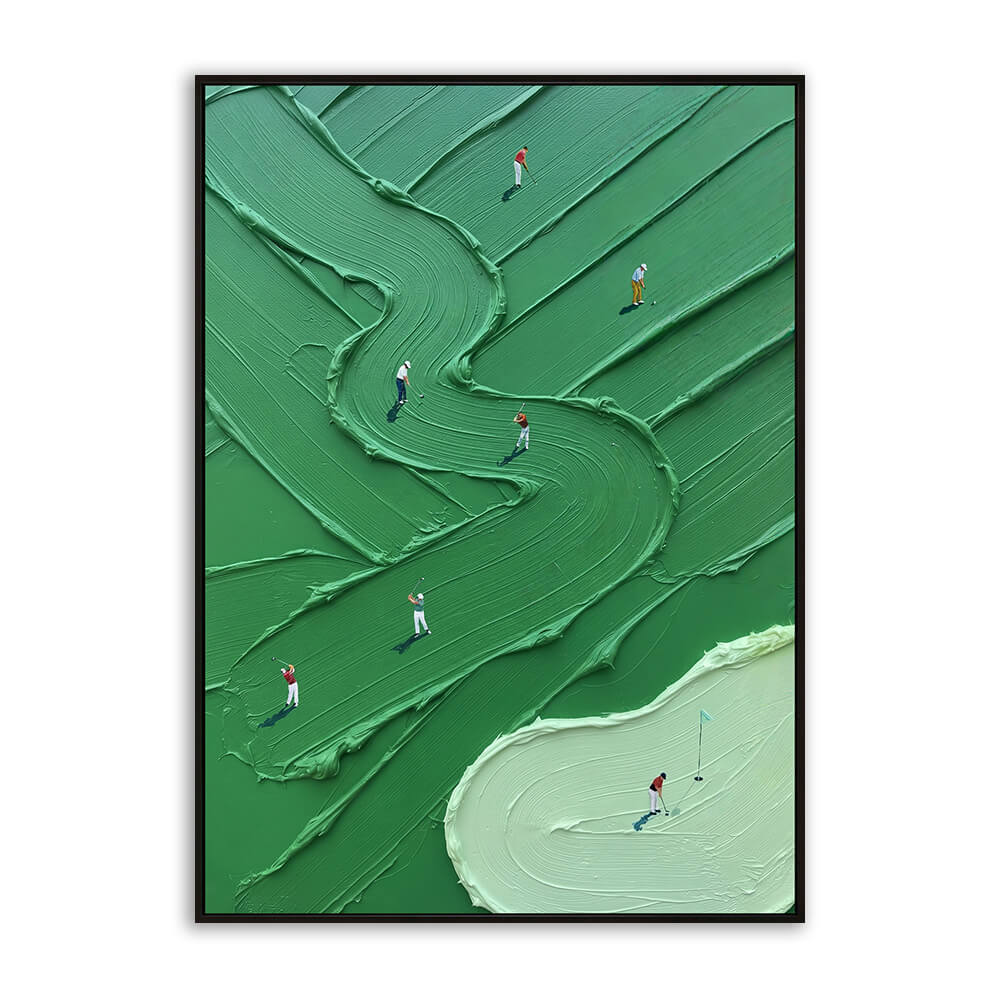 Studio front view of Emerald Fairway heavy texture golf painting wall art, hand painted painting, decorative painting, decor, art, wall art, artwork featuring abstract green fairways, putting greens, and golfers.