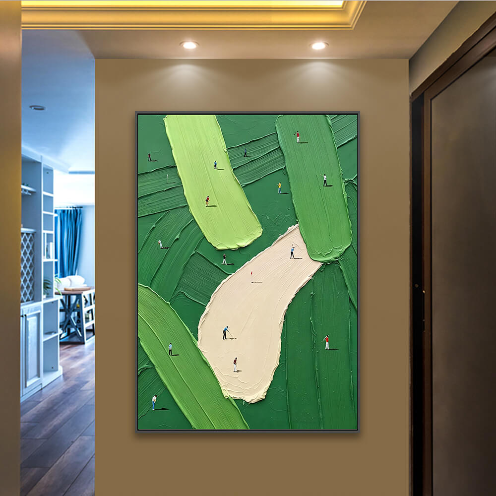 Textured golf course artwork installed along elegant formal corridor with recessed ceiling lighting