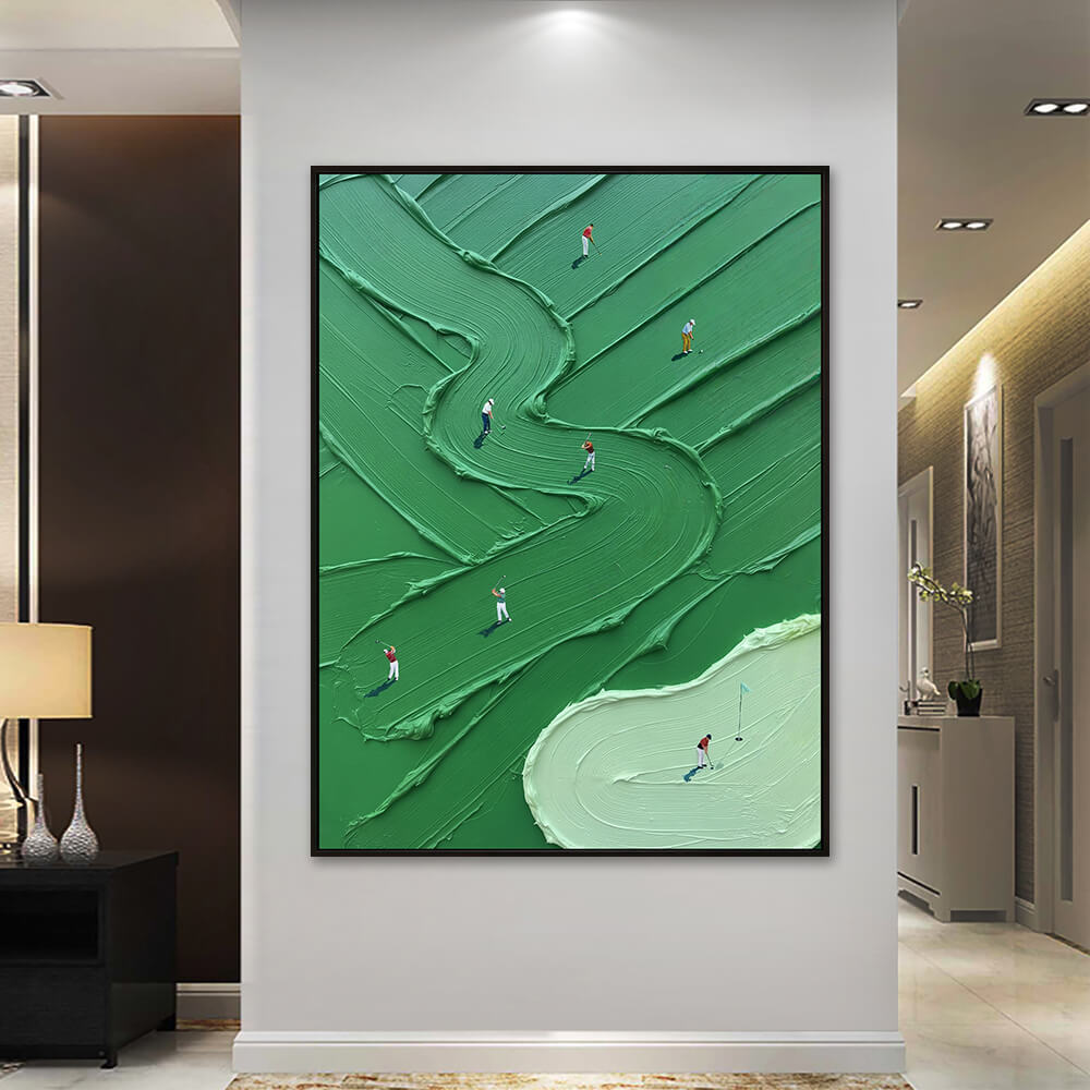 Interior styling view of Emerald Fairway contemporary golf artwork hanging in a bright luxury hallway.