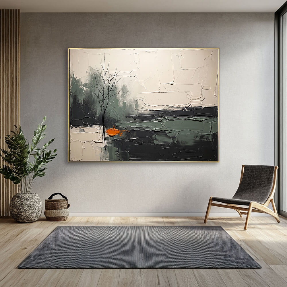 Grey-green abstract landscape painting with bare tree and vibrant orange accent, creamy beige textured sky, heavy impasto technique, moody modern artwork