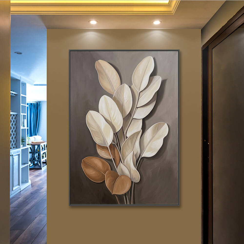 Original hand-painted abstract foliage art piece mounted securely in a warm lit hallway interior design.