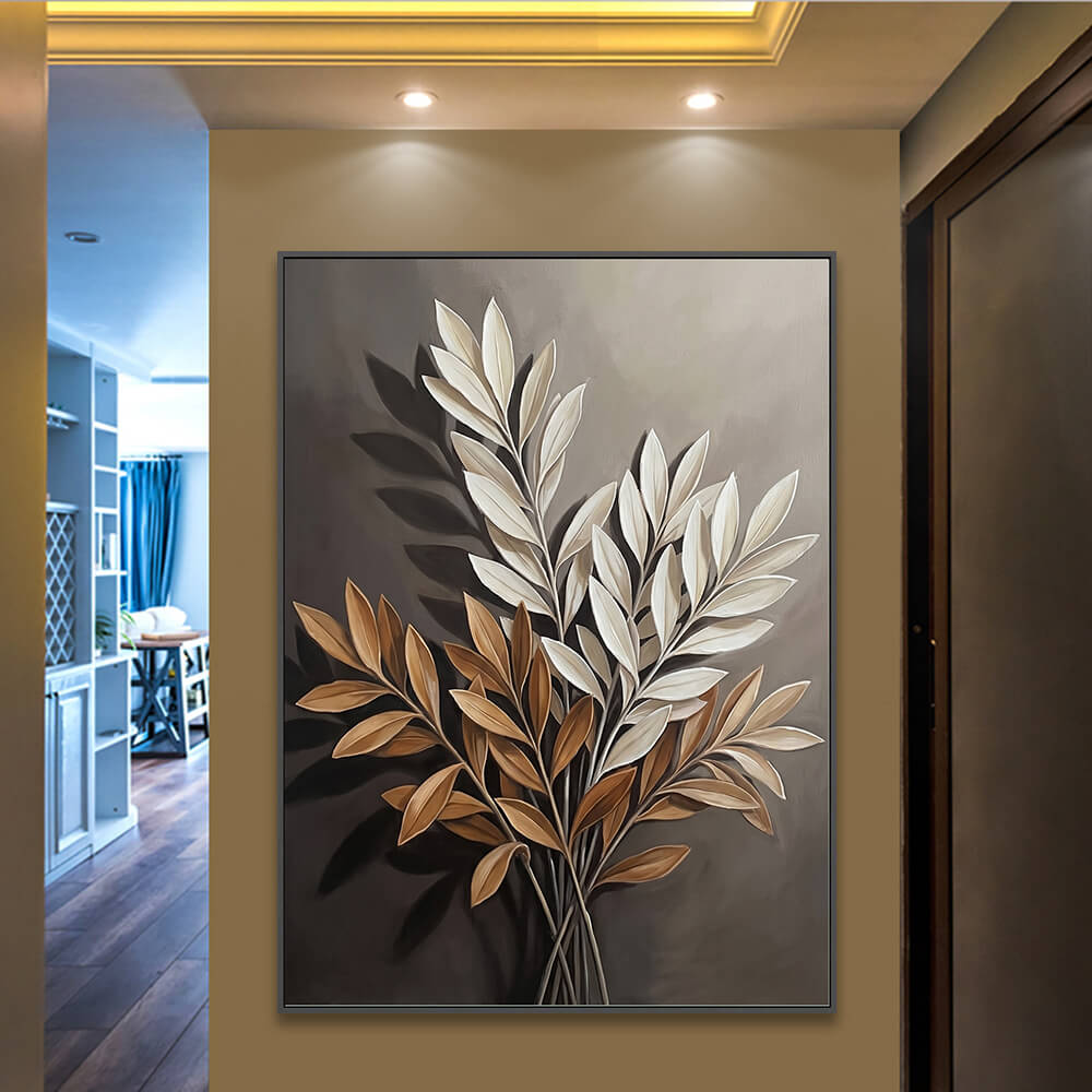 Original hand-painted abstract foliage art piece mounted securely in a warm lit hallway interior design.
