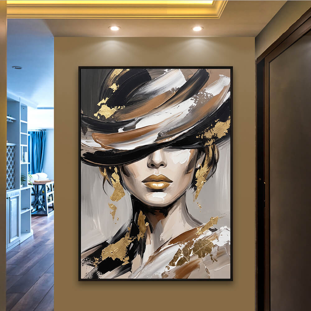 Sophisticated hallway featuring a warm beige and gold handmade canvas painting mounted on a neutral accent wall with soft recessed lighting.