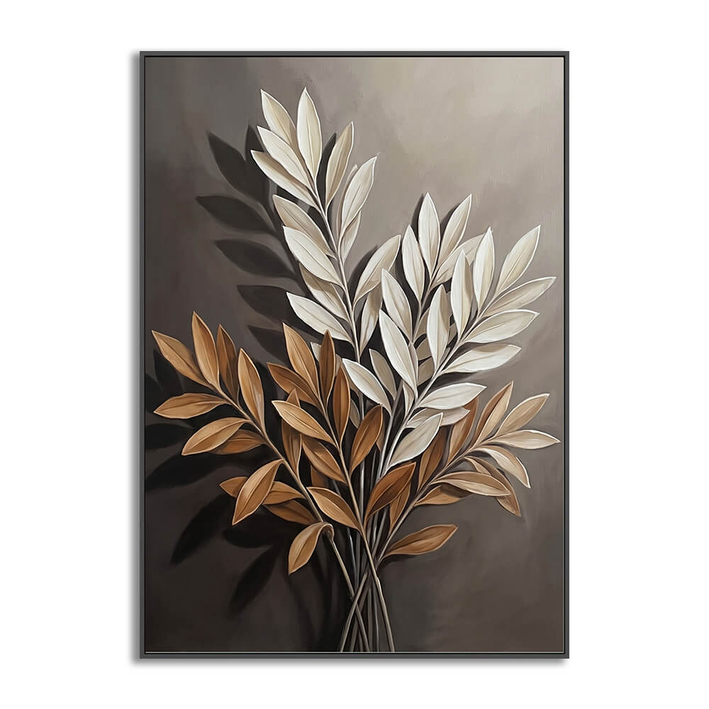 Close-up detail of a modern botanical abstract oil painting featuring smooth leaf foliage brushwork on hand-painted canvas.