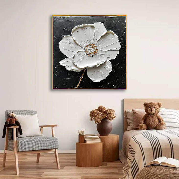 Minimalist White Poppy Impasto Painting #VA305