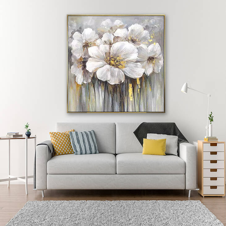 Hand Painted White Floral Canvas Art | Gold Accent Modern Abstract Painting #YX295