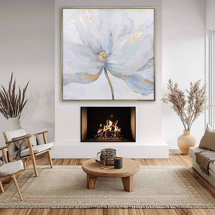 Hand Painted Blue Floral Canvas Wall Art with Gold Accents #YX294