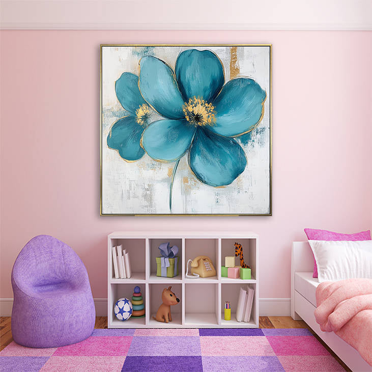 Hand Painted Teal Flower Canvas Wall Art with Gold Accents #YX299
