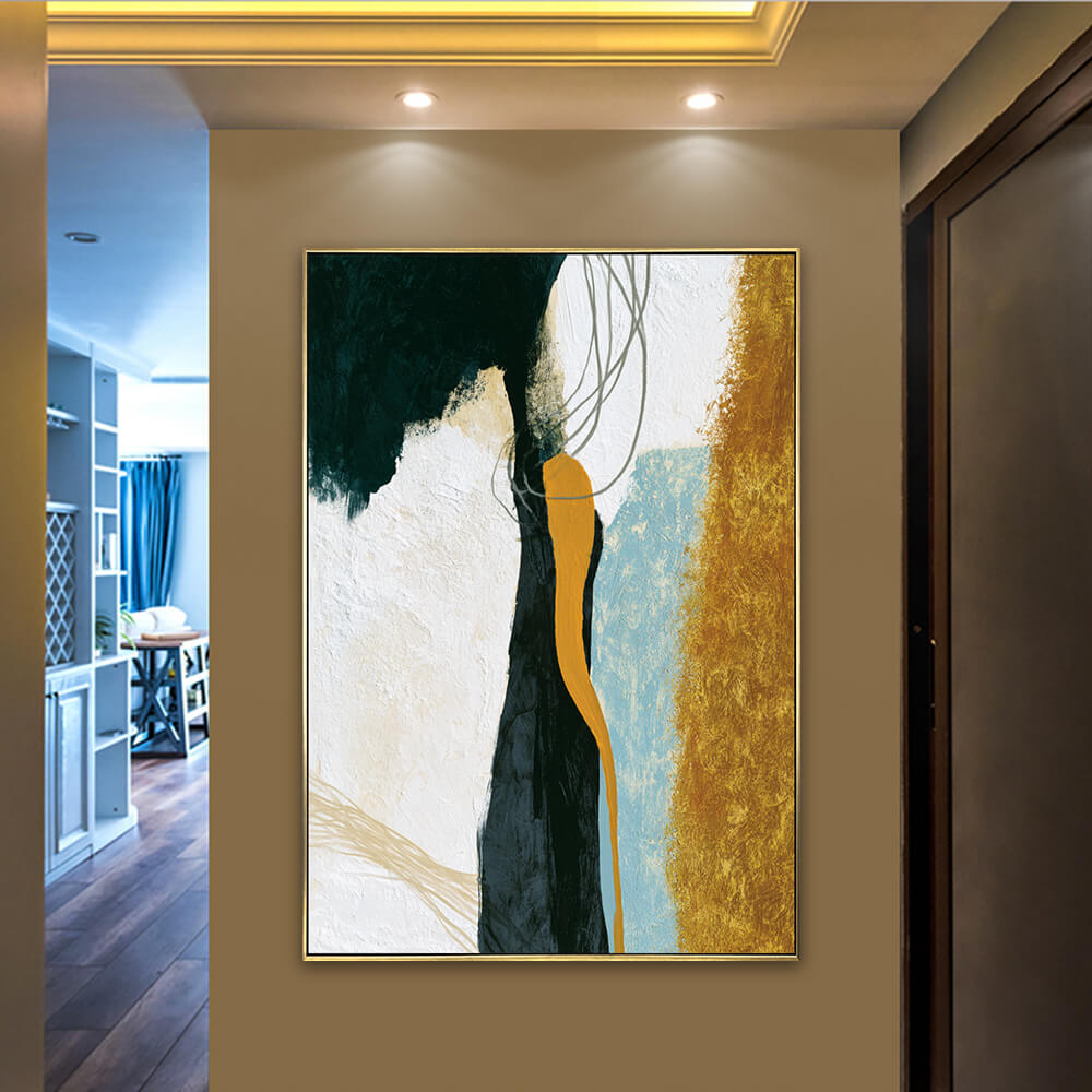 Long hallway display, tall vertical emerald black mustard abstract canvas with soft layered brushwork texture