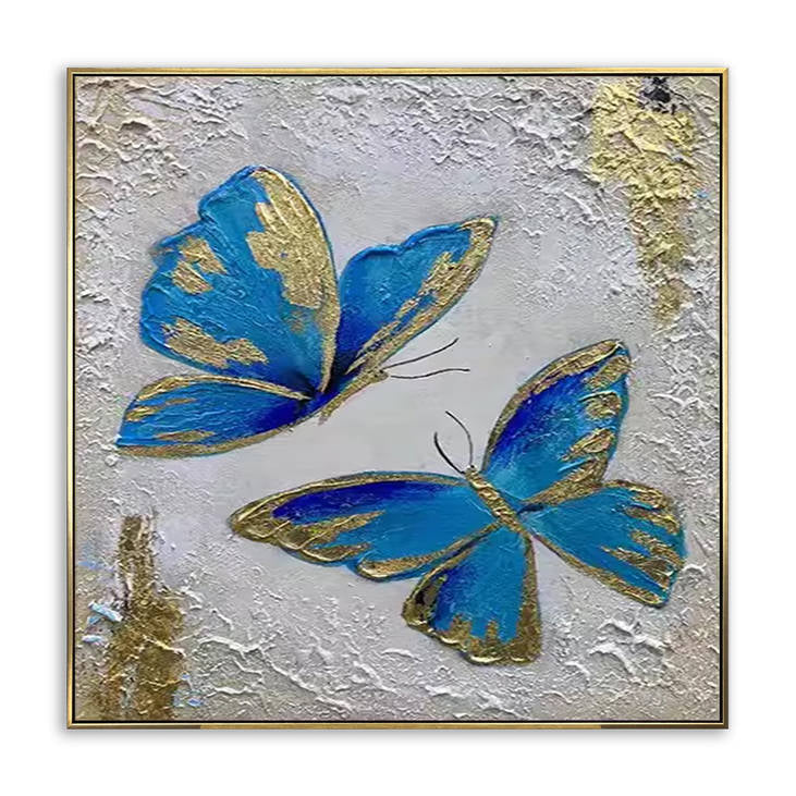 Hand Painted Blue & Gold Butterfly Textured Canvas Wall Art #YX293