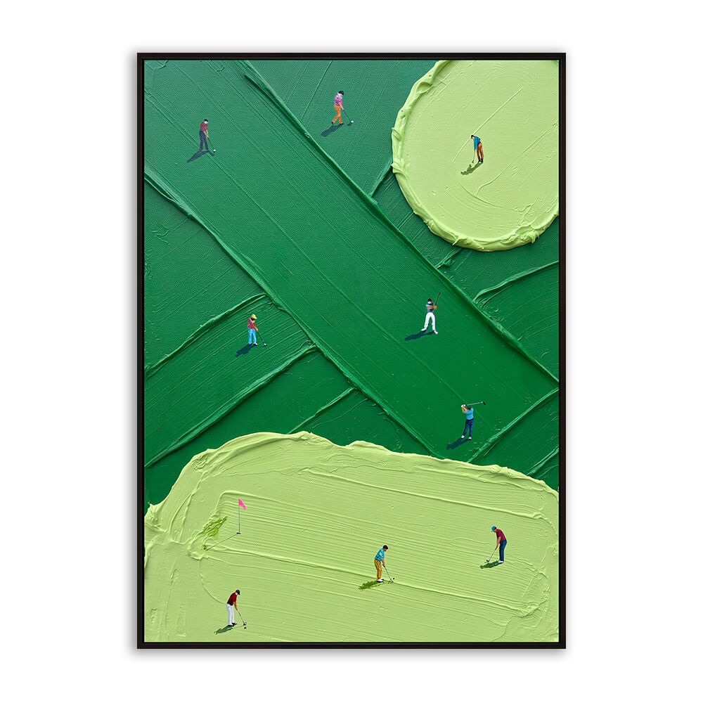 Studio front view of Emerald Fairway heavy texture golf painting wall art, hand painted painting, decorative painting, decor, art, wall art, artwork featuring abstract green fairways, putting greens, and golfers.