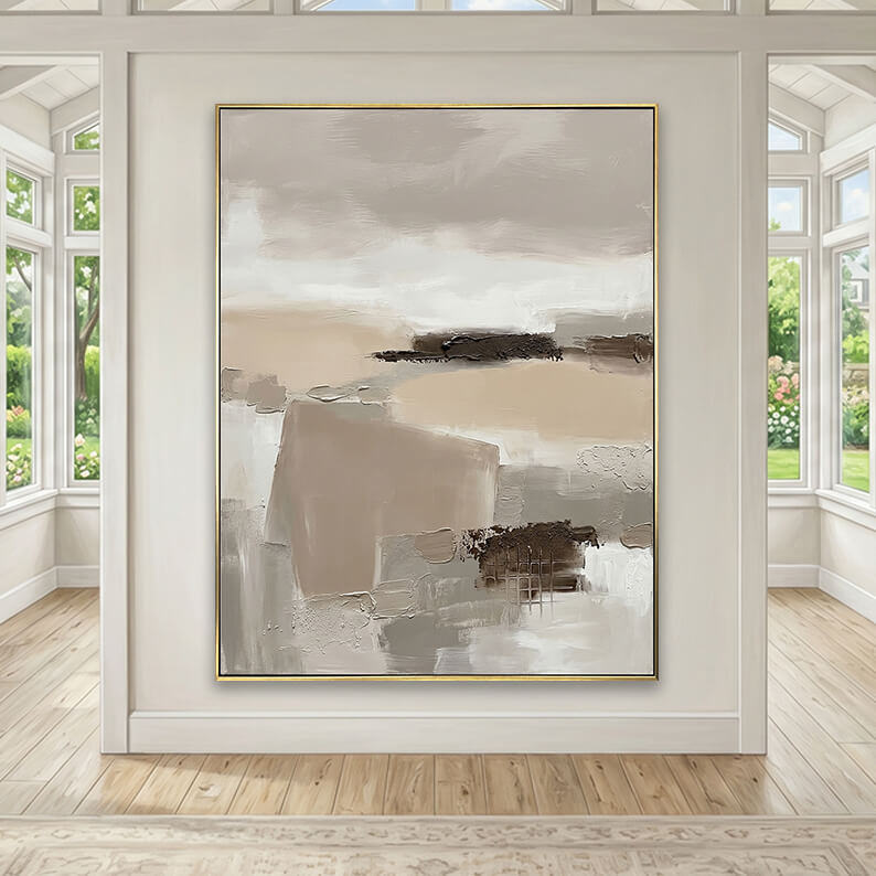 Large hand-painted abstract landscape texture canvas art hanging on a wall in a bright sunroom with large windows.