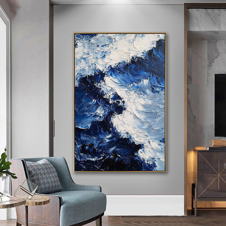 Textured Blue Ocean Wave Canvas Art #YX90