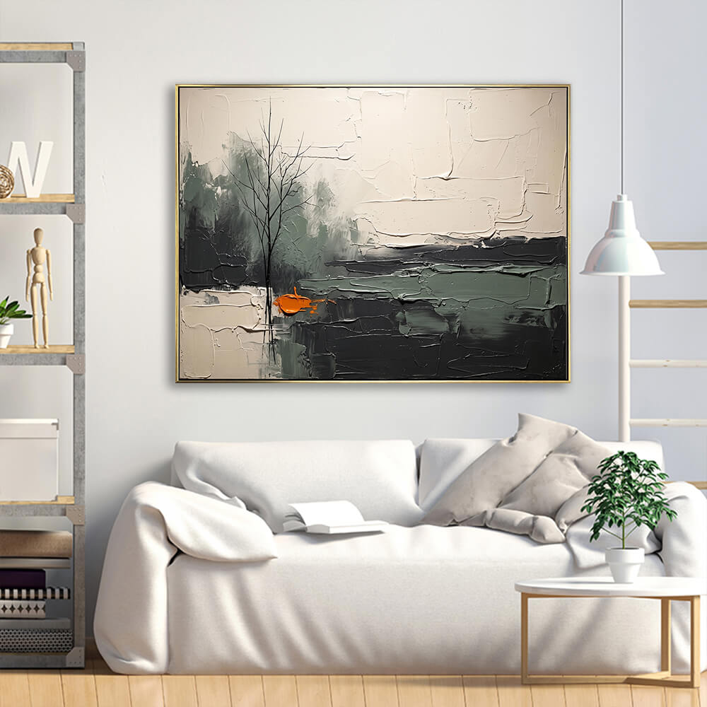 Large horizontal impasto landscape painting with bare tree and orange accent shape, moody grey-green water and textured sky, heavy 3D knife stroke texture