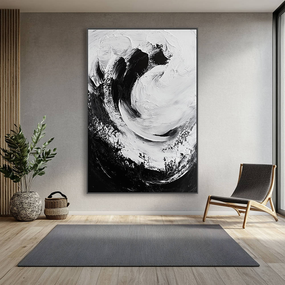 Abstract Black White Swirl Canvas Painting #YX324