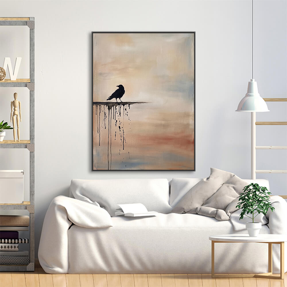 Gradient sky raven artwork arranged above linen sofa for casual living room styling