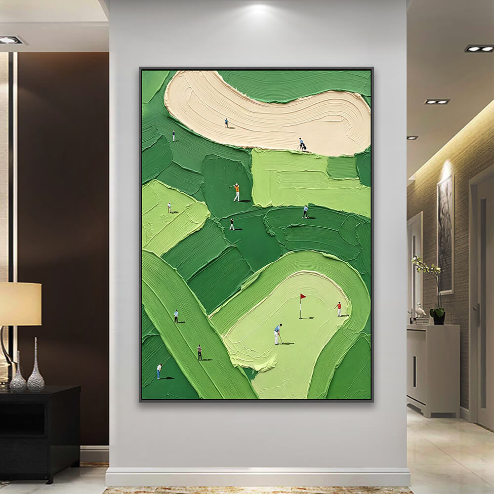 Golf landscape canvas decorating luxury lobby beside storage cabinetry and table lamps