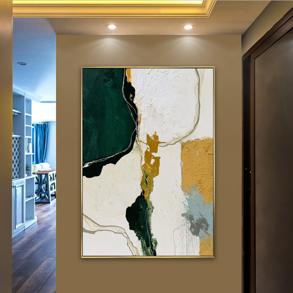 Long hallway display, tall vertical emerald green gold abstract canvas with soft layered brushwork texture