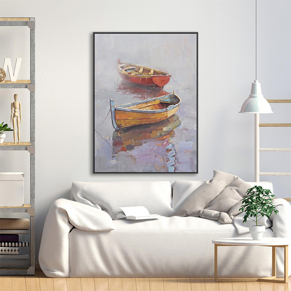 Foggy water rowboat artwork arranged above linen sofa for living room styling