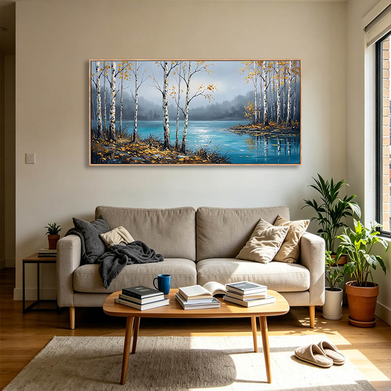 Hand painted landscape canvas artwork featuring birch trees, turquoise lake with tree reflections, misty distant hills, golden autumn leaves, textured impasto painting for wall display