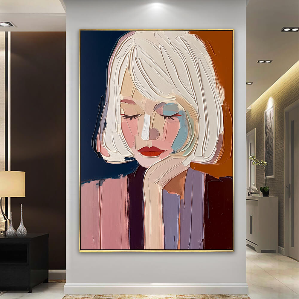 Large impasto woman portrait painting showcased in a luxury contemporary home interior with soft ambient lighting.