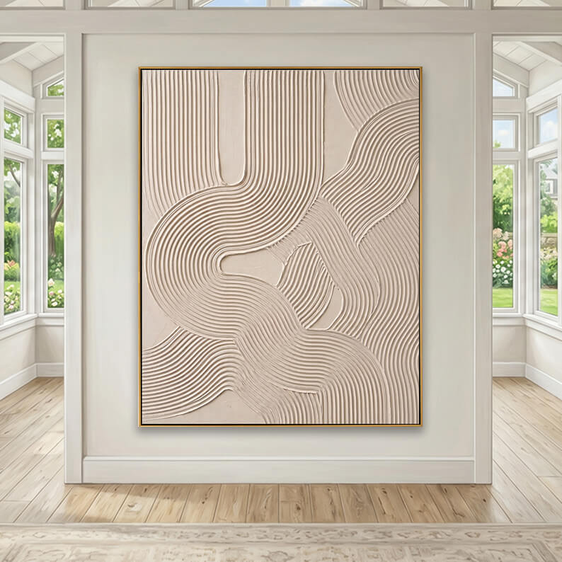 Large hand-painted geometric line texture canvas art hanging on a wall in a bright sunroom with large windows.